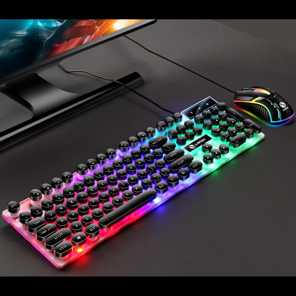 Punk Retro Keycaps Tastatur Mus Combo - Farverig Baggrundsbelyst USB Wired Gaming Sæt til PC & Bærbar (Sort)