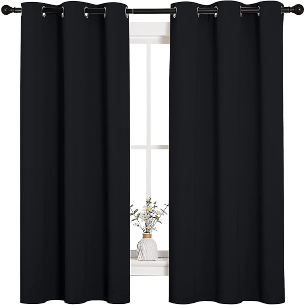 Pitch Black Solid, termisk isoleret tylle Mørklægningsgardiner/-gardiner til soveværelsesvindue (2 paneler, 42 tommer bred og 63 tommer lang, sort)