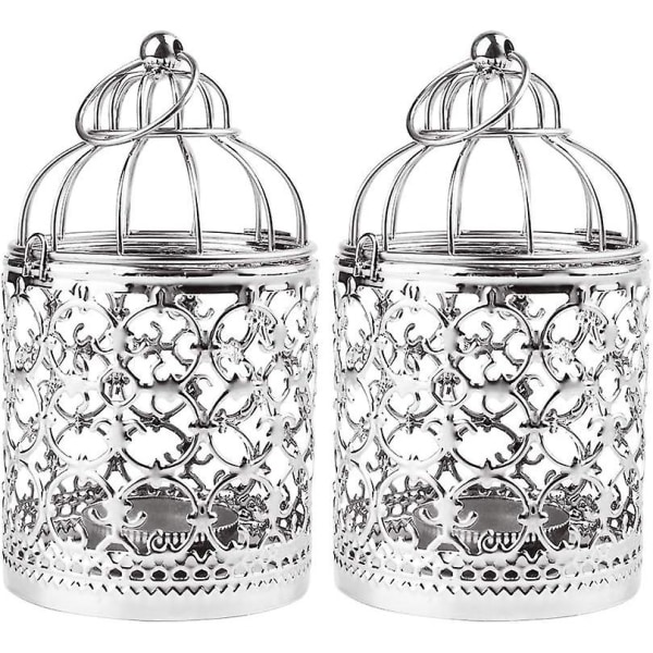 Värmeljushållare i metall ihålig fågelbur Järn Vintage ljushållare Lykta Hängande ljushållare för bröllopsdekoration (silver)