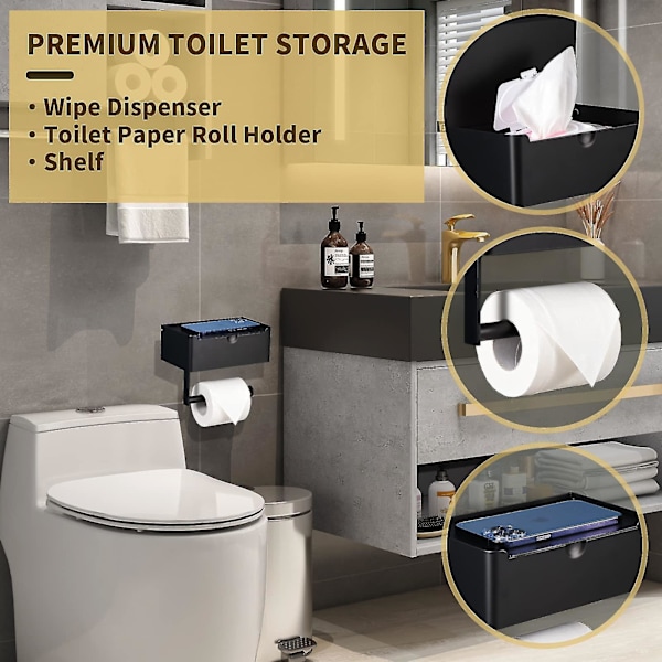 Stor toiletrulleholder med hylde, servietdispenser og opbevaring, rustfrit stål, væg