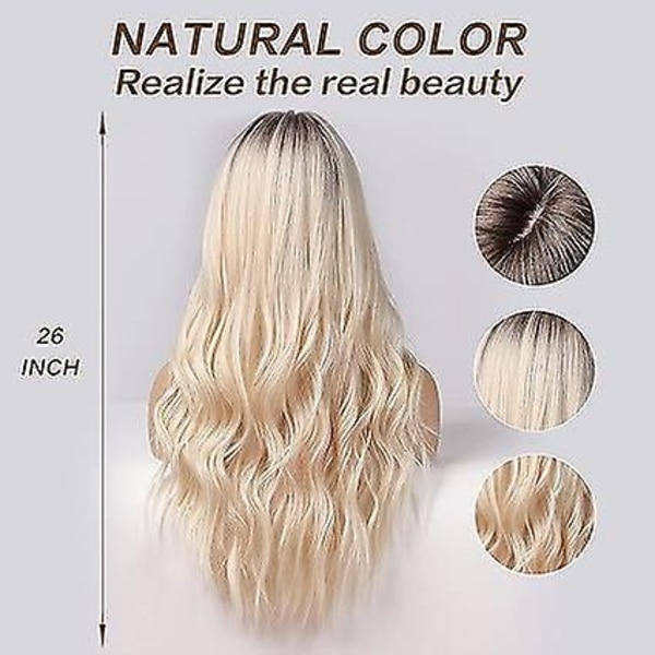 26 tum lång blond peruk för kvinnor syntetiskt naturligt hår ombre blond peruk med mörka rötter syntetisk