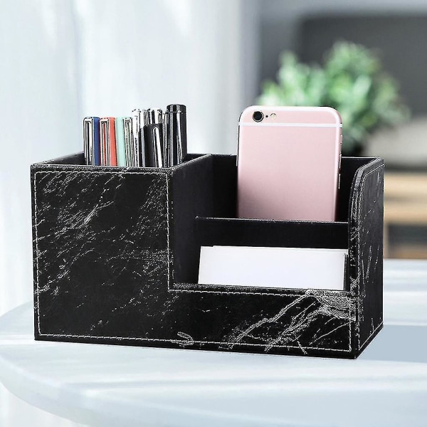 Sort marmor læder Skrivebord Papir Organizer Pen Blyantholder Visitkort Stand Mobiltelefon Fjernbetjening Opbevaringsboks