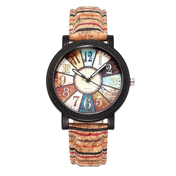 Naisten retrotyylinen värikäs raidallinen watch puinen korkkikuvioinen pu-nahkahihna analoginen watch