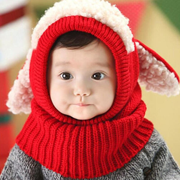 Baby Earflap Knitted Hat Hooded Scarf Caps red