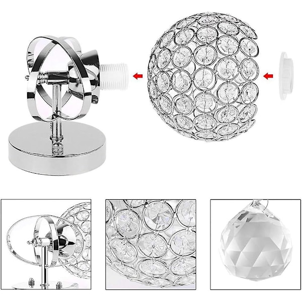 Moderne krystallvegglampe pendellampe kromfinish soveromsvegglampe belysningsarmatur med trekkbryter, E14-sokkel (sfærisk)