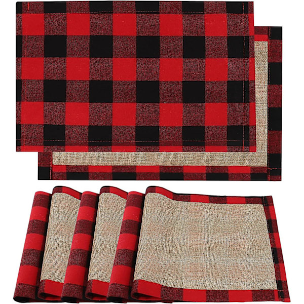 6 stk. Buffalo Plaid-dækkeservietter, røde og sorte Buffalo Check-dækkeservietter, vendbare bomuldslærred jule-dækkeservietter til hjemmet, ferie, julemiddagsbord