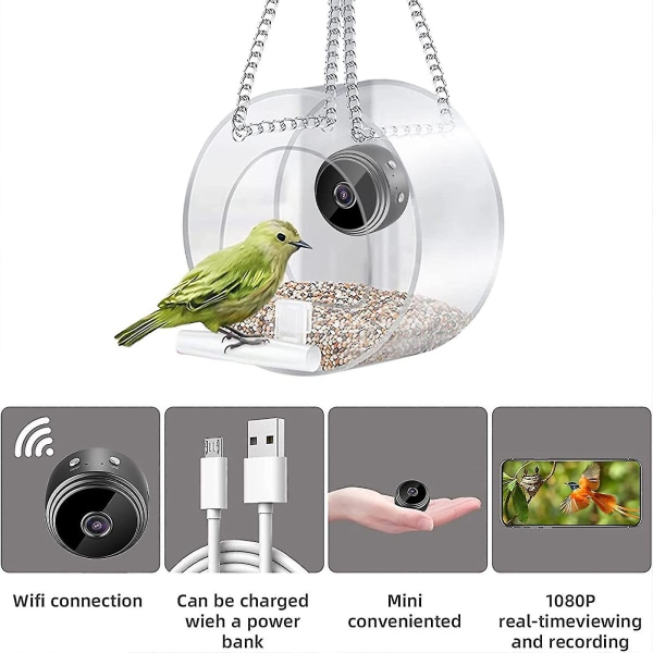Fuglefoder med kamera, smart akryl hængende fuglefoder med 1080p nat-version videokamera & 360 drejebase, wifi fjernforbindelse med mobil