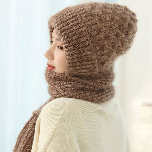 Kvinders Plysforet Akryl Balaclava Hætte Halstørklæde Hue Vindtæt Integreret Ørebeskytter Fashionabel Vinterhue-E