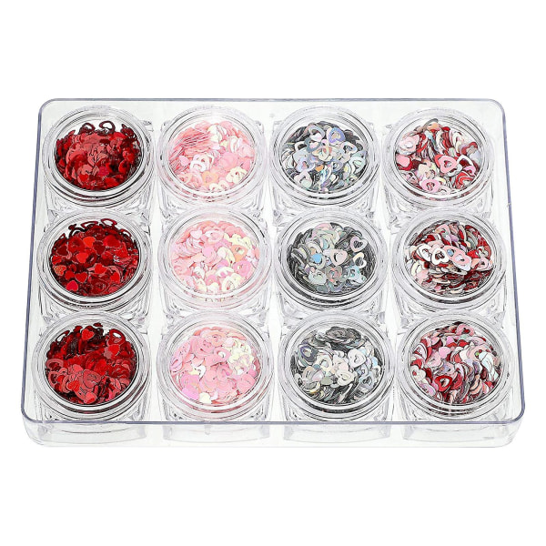 12 laatikkoa Ystävänpäivä Sydämenmuotoisia Glitter Nail Art -värejä Sydämenmuotoisia