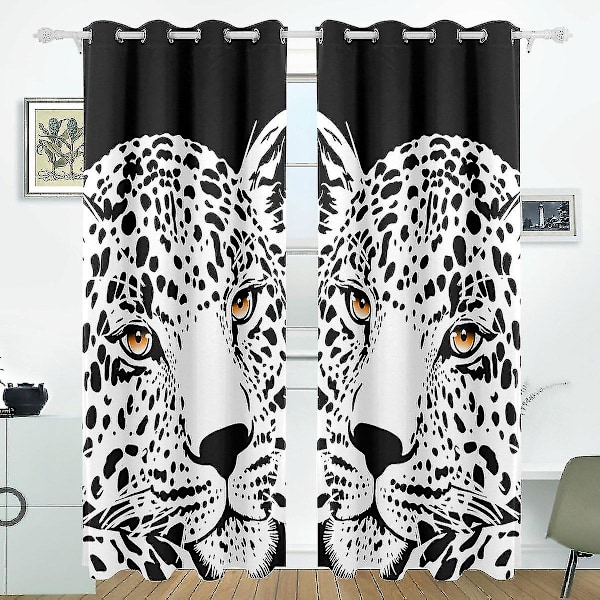 Svartvit leopard med guldfärgade ögon fönstergardin mörkläggningsgardiner mörkläggande rullgardin för sovrum vardagsrum, 2 paneler 130x210 cm
