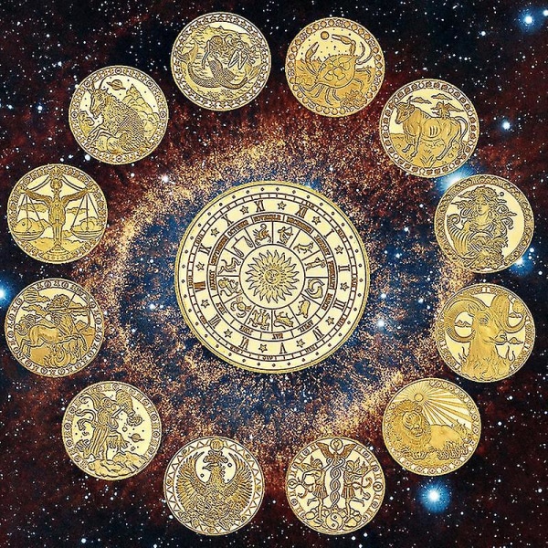 12pc Creative Tolv Constellations Zodiac Coin Challenge Guldbelagte erindringsmønter sæt Home Decor Crafts Kunstsamling Gave