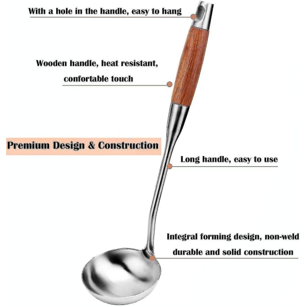 304 ruostumattomasta teräksestä valmistettu keittolusikka, ammattimainen, raskas keittiön tarjoilulusikka lämmönkestävällä puukahvalla, suuri pitkä keittolusikka keitolle