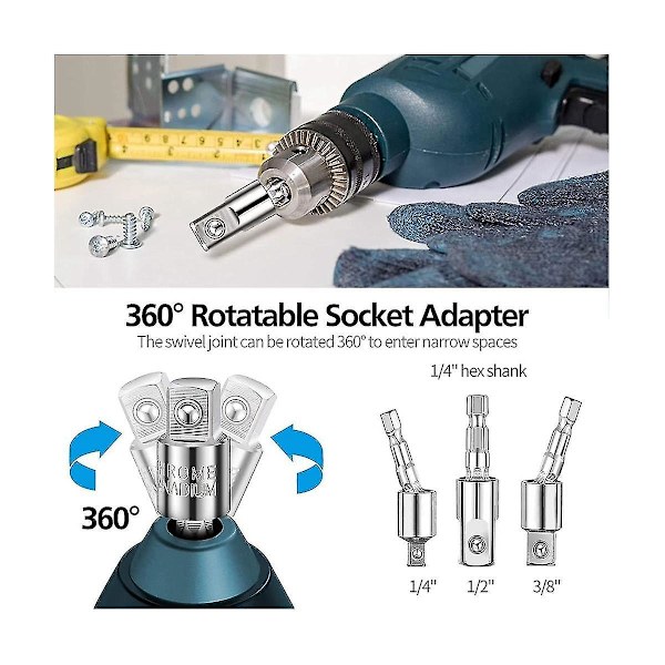 32-dels Flexibel Borrbitssats, Roterbar Ledkontakt 1/4 3/8 1/2 Tums Hex-kontakt Adapter
