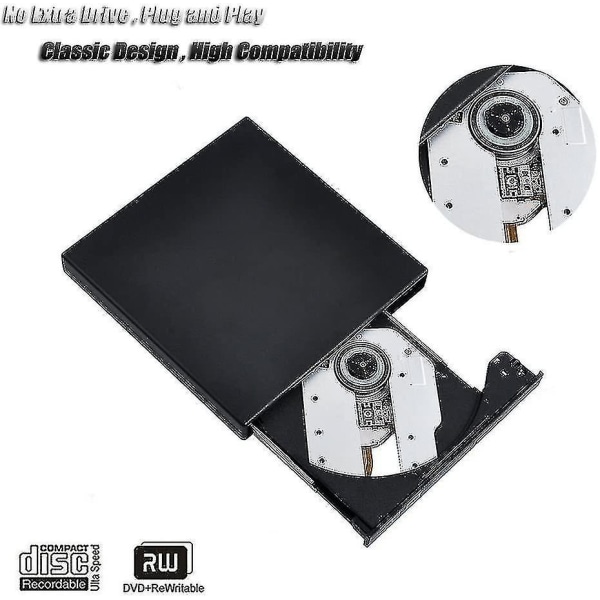 Eksternt cd-dvd-drev, Blingco Usb 2.0 Slim Protable eksternt cd-rw-drev Dvd-rw-brænder-brænderafspiller til bærbar notebook pc stationær computer, sort