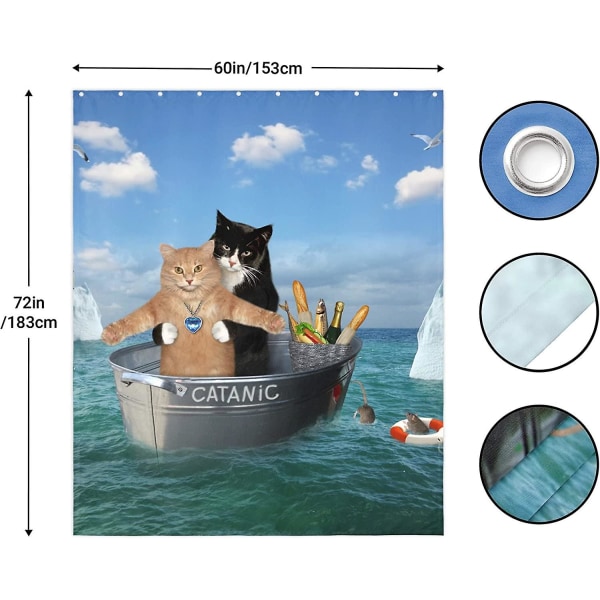 Katter Duschdraperi För Badrumsdekor, Roliga Catanic Katter Cosplay Titanic På Ocean Print Vattentät Tyg Duschdraperier Med Krokar 60x72 Tum