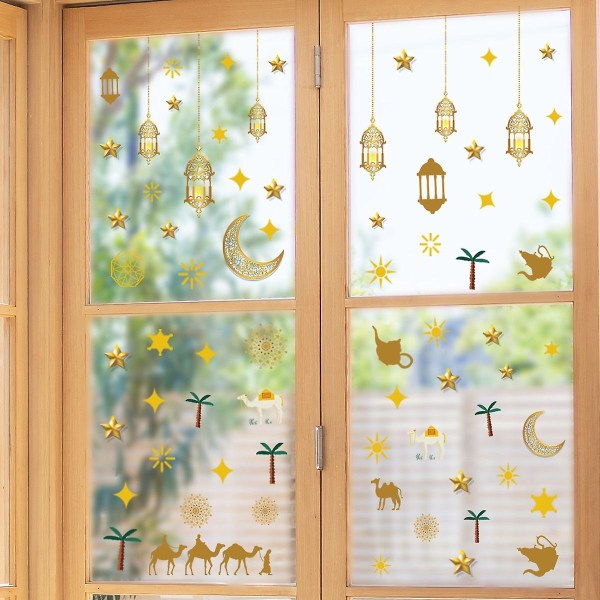 Eid Mubarak Decoration, Eid Mubarak Window Sticker Ramadan Stickers Reusable Star Moon Lantern Windo