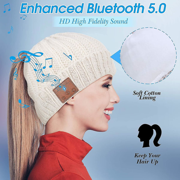 Bluetooth Headphone Ponytail Lämpimät Pipot naisille Sisäänrakennettu mikrofoni (kaurapuuro)