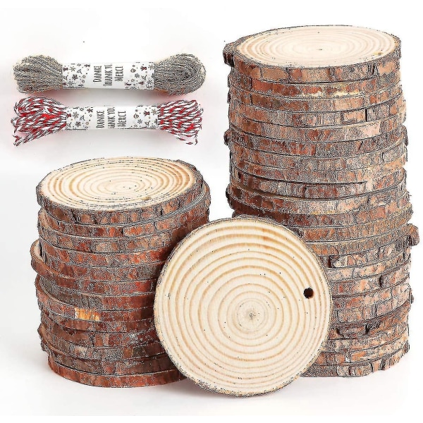 30pcs Natural Wood Slices 6-7cm Log Discs Wooden Circles With Natural Jute Twine