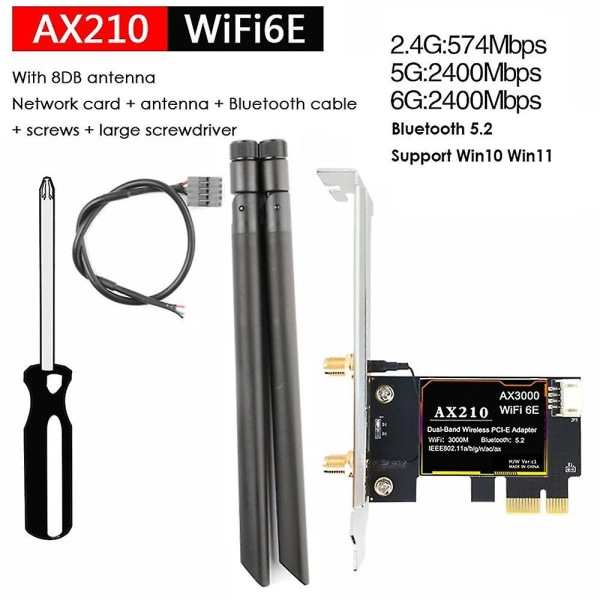 Nyt Ax210 Wifi6e trådløst netværkskort+2x8db antenne Bluetooth 5.2 5374mbps 2.4g/5g/6g Tri Band Gigabit Desktop