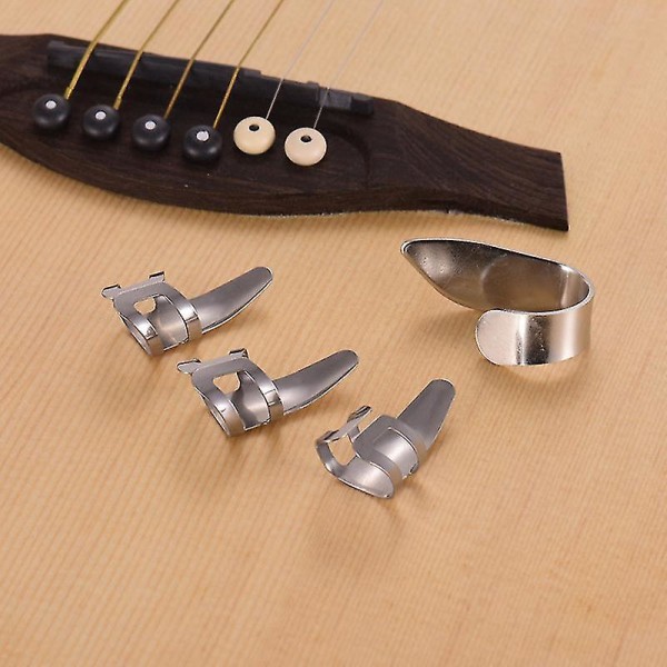 Pakke med 4 rustfritt stål 1 stk tommelfinger og 3 stk sølv fingernegleplukker Plektresett for akustiske elektriske gitarer basstilbehør