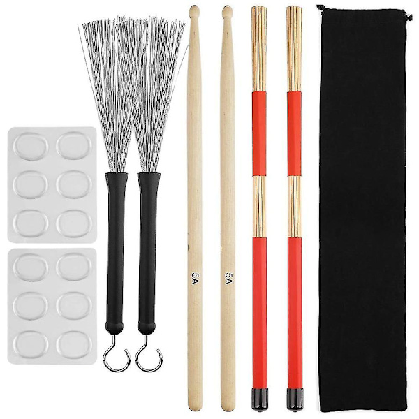 Trumstock Set, 5a Lönntrumstockar, Trumstavar Borstar, Infällbara Trumtrådborste, Trumdämpare