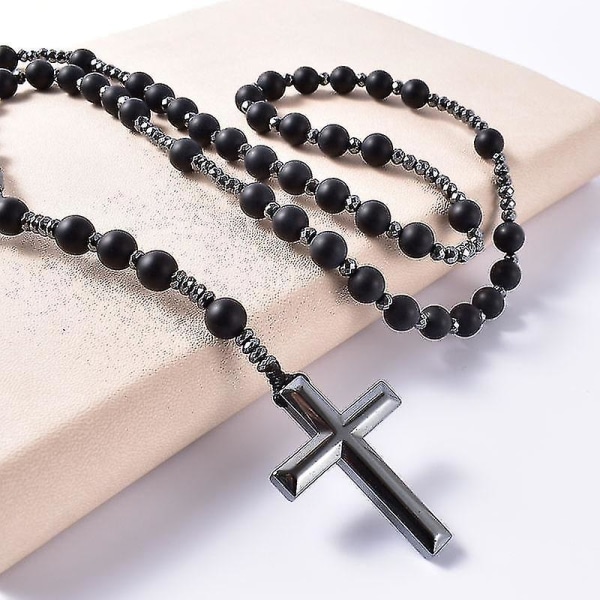Natursten frostad svart onyx katolsk Kristus rosenkrans halsband med hematit kors hänge män halsband Meditations smycken