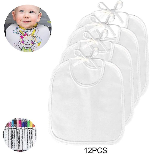 Pakke med 12 malersmekker, 22 * ​​28 cm hvite trekantede tøyhalsduker til babyer med 12 tekstilpenner og 1 flaskeåpner, vanntette siklesmekker Baby Show