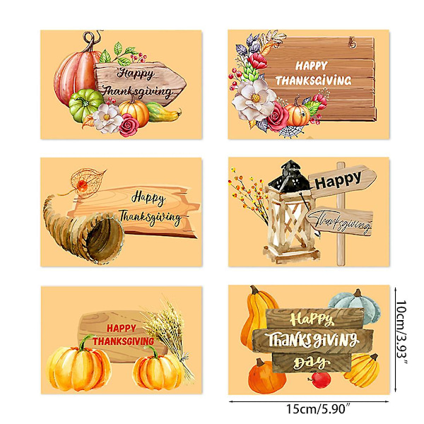 Set med 6 Happy Thanksgiving-kort med konvolutter klistremerker Gresskar gratulasjonskort Takk postkort