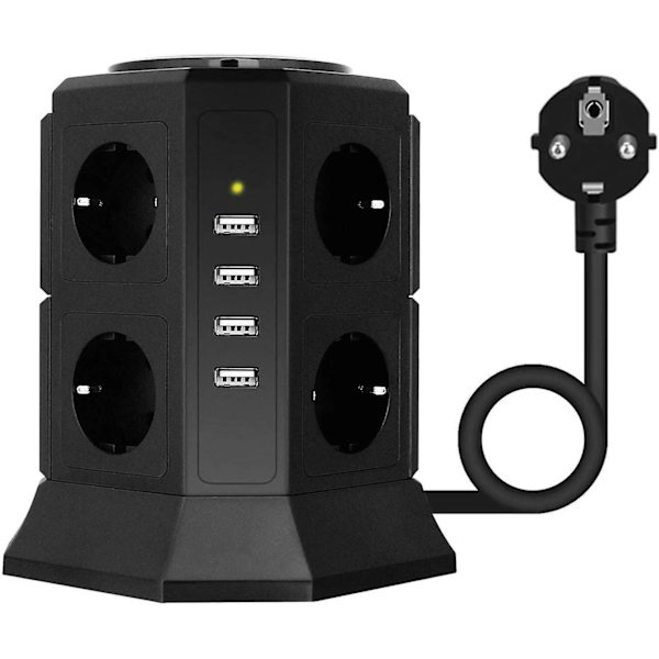 8-stikkontakt Power Strip Tower (2500w/10a) med 4 USB-opladnings porte (5v/4.5a), overspændingsbeskyttelse, sort