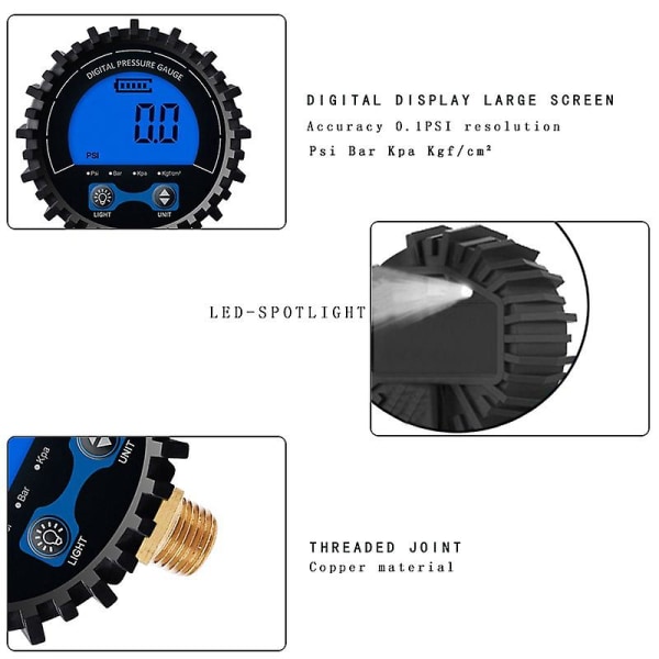 Digitalt dekktrykkmåler Dekktester Display Lufttrykk Manometer Hurtigkobling Koblingstråd