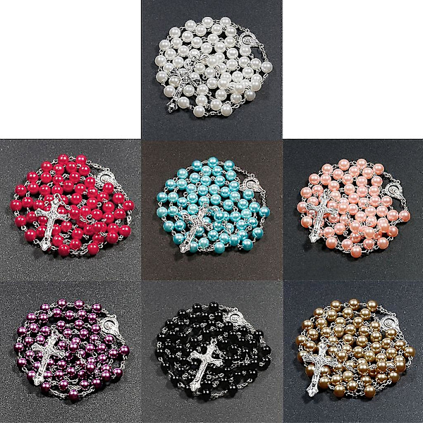 Menn Kvinner 8mm Rosenkrans Perler Halskjede - Bønn Perlet Religiøs Gave pearl color