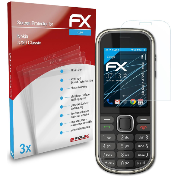atFoliX 3x skyddsfolie kompatibel med Nokia 3720 Classic Displayskyddsfolie klar
