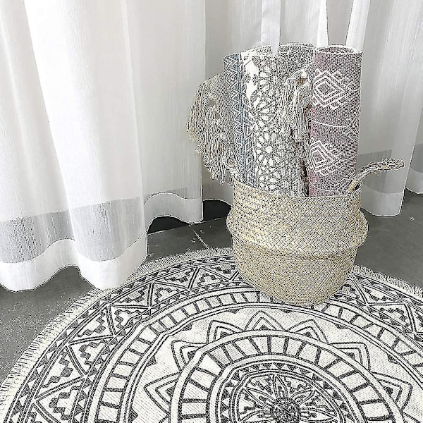 Runde tepper, sirkulære tepper, stripete, sklisikre, håndvevde, lettstelte bomullstepper med et bohemsk mandala-mønster 90cm