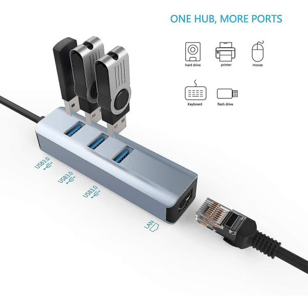Usb 3.0 - Ethernet-sovitin, 3-porttinen Usb 3.0 -keskitin Rj45 10/100/1000 Gigabit Ethernet -sovittimella, tukee Windows 10,8.1, Mac Os, Surface Pro, Linux, Chrome