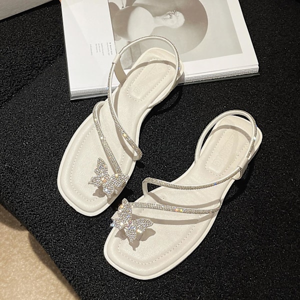 2023 Sommar Nya Fjäril Dekorerade Strass Platta Sandaler white 39