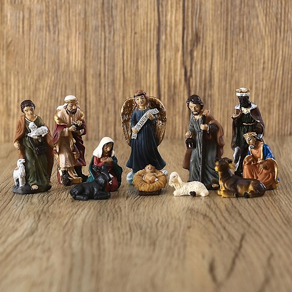 Julkrubba Figur Set Krubba Heliga Familjen Scen Julgransprydnad 11 st