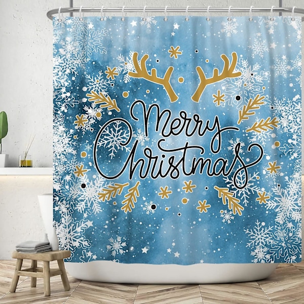 God jul snøfnugg dusjforheng hvite snøfnugg gevir på blå bakgrunn baderomsinnredning for vinterferie baderomsgardiner vanntett pol