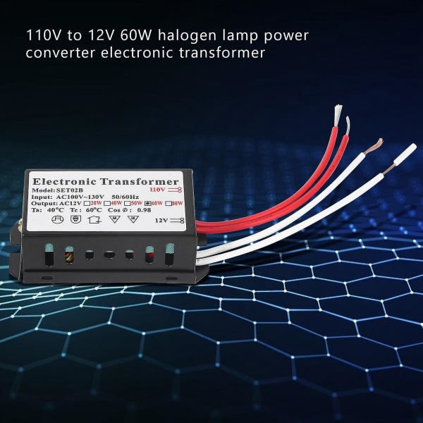 110v til 12v 60w halogen lys strømforsyning konverter elektronisk transformator svart