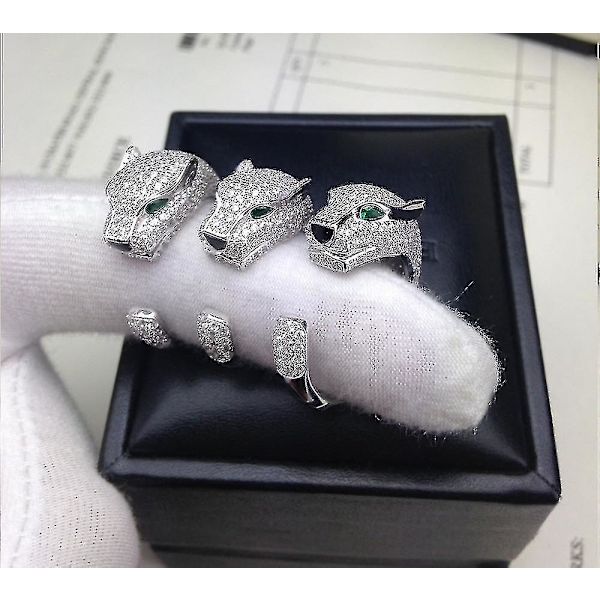 Män 925 Sterling Silver Leopard Djur Finger Ring Pavé Cubic Zirkon Panter Gröna Ögon Öppen Ring Kvinnor Fest Fint Bröllop
