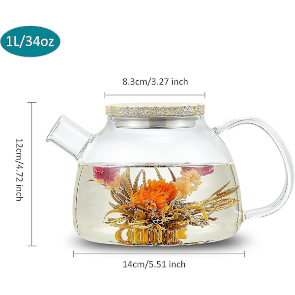 34oz/1000ml Glas Tekande Med Glas Te-Infusere, Glas Tekande Til Løse Te