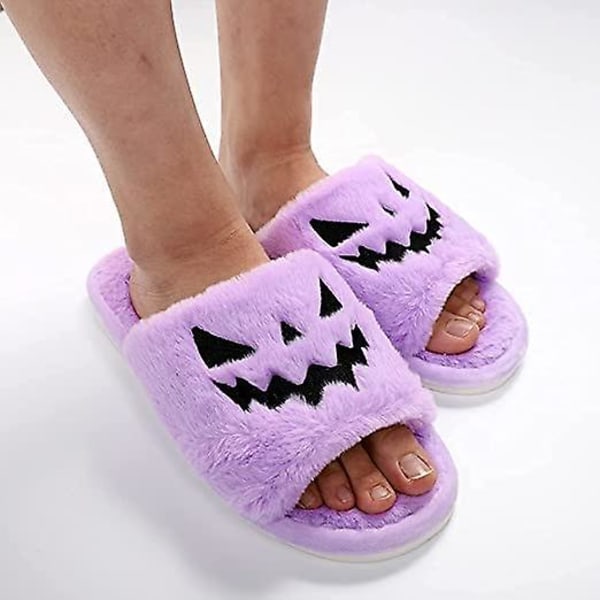 Halloween Spøkefulle Slides/Halloween Gresskar Tøfler Myke Plysj Koselige Åpne Tå Kvinner Innendørs Utendørs Fuzzy Tøfler Unisex purple eur38