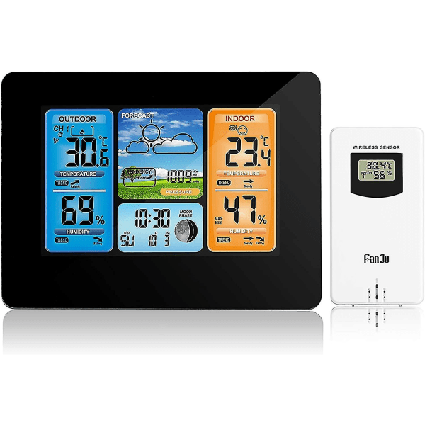 Trådløs vejrstation vejrur, digital farve med udendørs sensor, udendørs indendørs termometer med dato Temperatur fugtighedsbarometer Alar