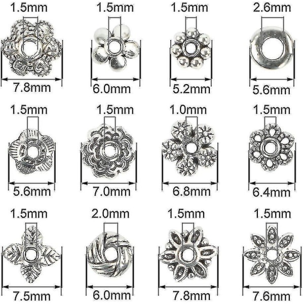 360 stk Sølv Spacer Beads Caps 12 Styles Smykketilbehør til smykkefremstilling