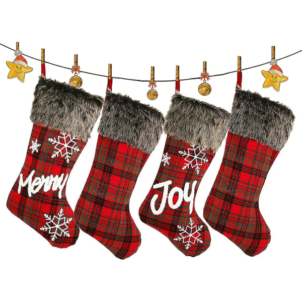 4 pakke 18,5" julestrømpe Klassiske røde og svarte bøffelrutestrømper og plysj strømper i fuskepels for familieferie Julefestdekor