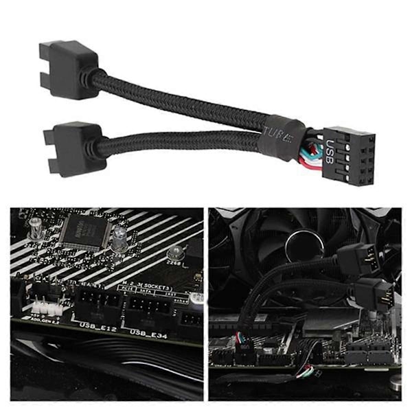 2 stk. Computer Motherboard USB 2.0 9-polet til dobbelt 9-polet forlængerkabel Y-splitter Audio HD forlængerkabel Sort