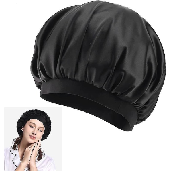 Satin Hue. Justerbar bred bånd elastisk bånd satin nat hat sovehætte sort