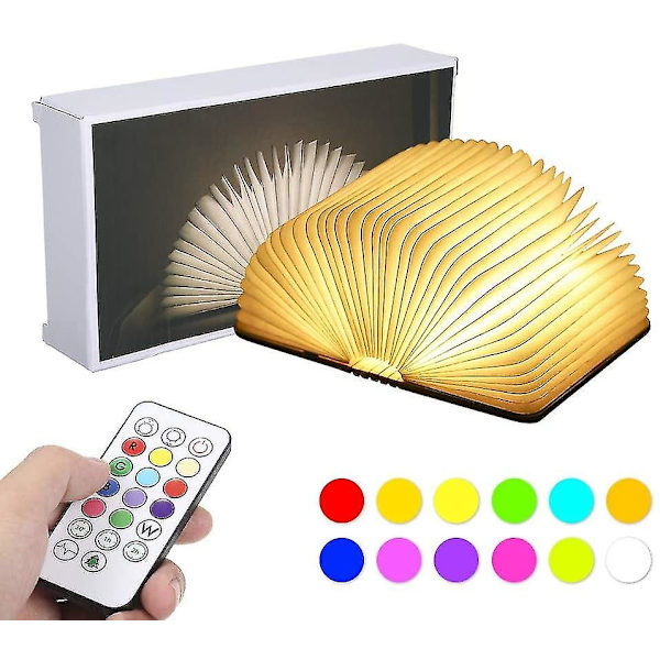 Sammenleggbar boklampe, trebelyst bok, 12 RGB-farger, fjernkontroll / timing / blitsmodus, 5 lysstyrkenivåer, 360 sammenleggbar, oppladbar via USB, 3