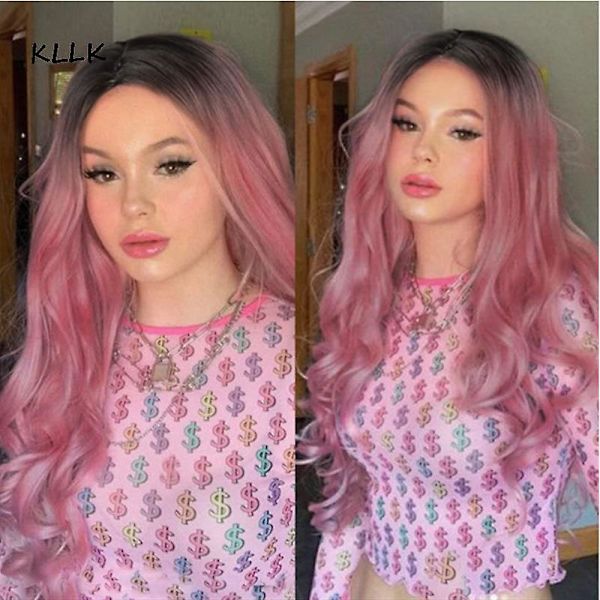 Lång lockig rosa gradient peruk för kvinnor