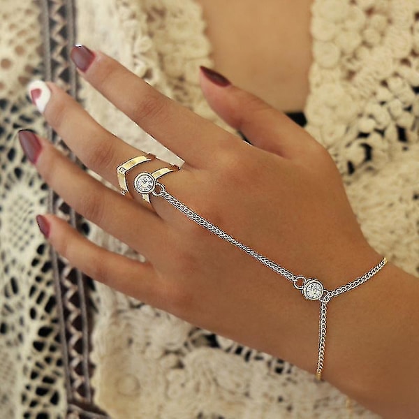 Guld Stor Kristallring, Hand-back, Armbandskedja Armband