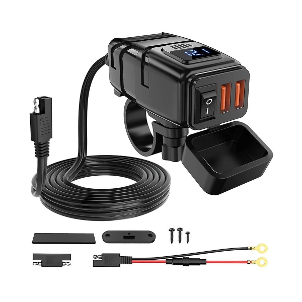 Motorsykkel USB-lader, 6.8A hurtiglading 3.0 dobbel USB motorsykkel telefonlader med voltmeter og på